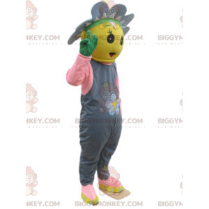 BIGGYMONKEY™ mascottekostuum karakter geel met bloem en grijze