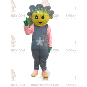 BIGGYMONKEY™ Maskotdräktkaraktär Gul med blomma och grå overall