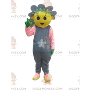 BIGGYMONKEY™ mascottekostuum karakter geel met bloem en grijze overall - Plant mascottes - BIGGYMONKEY_014286 - BiggyMonkey.com