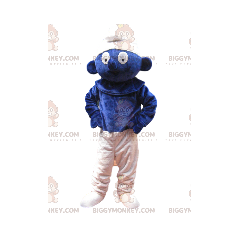 Costume de mascotte BIGGYMONKEY™ de schtroumph avec un regard Costume de mascotte BIGGYMONKEY™ de schtroumph avec un regard
