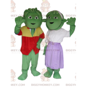 Duo kostýmů maskota maskota velmi veselých a pěkně oblečených zelených tvorečků BIGGYMONKEY™ - Monster maskoti - BiggyMonkey.com