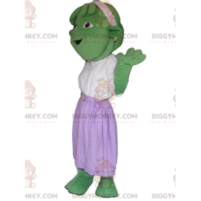 Kostým zeleného stvoření BIGGYMONKEY™ maskota s fialovou sukní - Monster maskoti - BIGGYMONKEY_014294 - BiggyMonkey.com