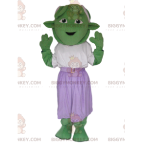 Kostým zeleného stvoření BIGGYMONKEY™ maskota s fialovou sukní - Monster maskoti - BIGGYMONKEY_014294 - BiggyMonkey.com