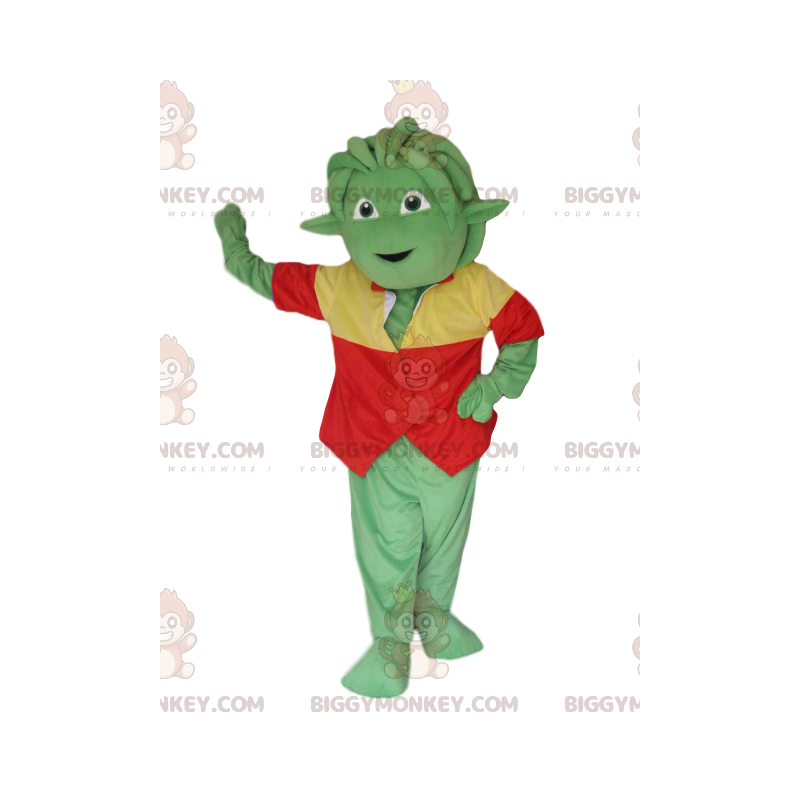 Στολή μασκότ Green Creature BIGGYMONKEY™ με κόκκινο και κίτρινο γιλέκο - Μασκότ τέρατα - BIGGYMONKEY_014295 - BiggyMonkey.com