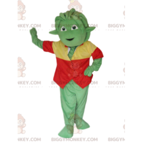 Grön Creature BIGGYMONKEY™ maskotdräkt med röd och gul väst -
