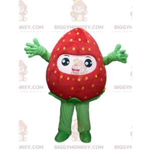 Costume de mascotte BIGGYMONKEY™ de fraise très heureuse.