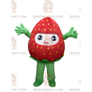 Traje de mascote BIGGYMONKEY™ de morango muito feliz. fantasia