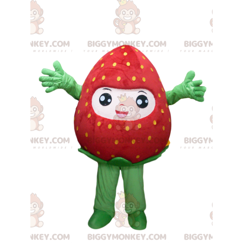 Costume de mascotte BIGGYMONKEY™ de fraise très heureuse.