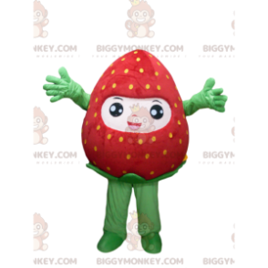 Costume de mascotte BIGGYMONKEY™ de fraise très heureuse.