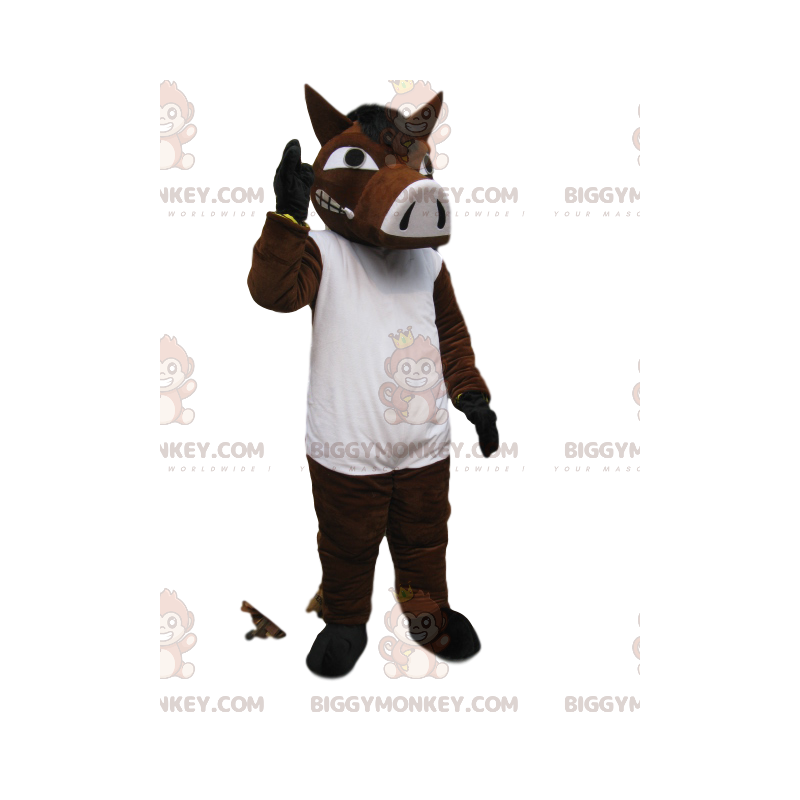 Traje de mascote BIGGYMONKEY™ de agressivo javali marrom e branco. fantasia de javali - Mascotes de porco - BiggyMonkey.com