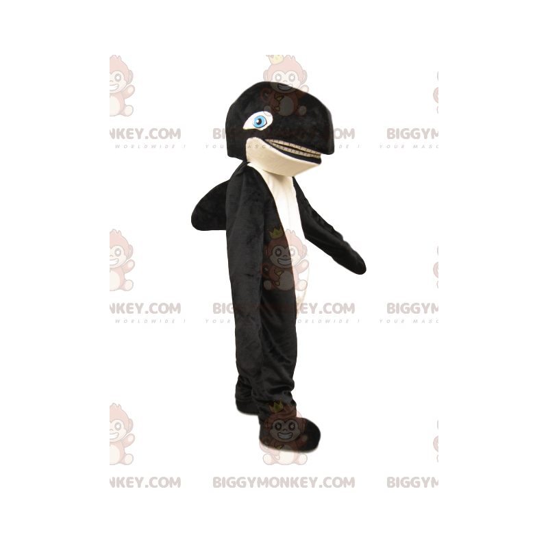 BIGGYMONKEY™ maskotdräkt av svartvit späckhuggare med blå ögon BIGGYMONKEY™ maskotdräkt av svartvit späckhuggare med blå ögon