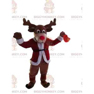 BIGGYMONKEY™ Rentier-Maskottchen-Kostüm mit wunderschöner roter