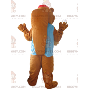 BIGGYMONKEY™ Brun bævermaskotkostume med blå jakke og rød hat -