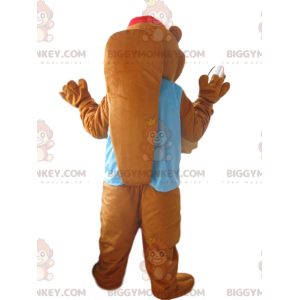 Kostým maskota BIGGYMONKEY™ hnědého bobra s modrou bundou a