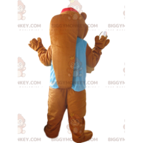 BIGGYMONKEY™ Brun bävermaskotdräkt med blå jacka och röd hatt -