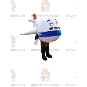 Wit en blauw vliegtuig BIGGYMONKEY™ mascottekostuum. vliegtuig