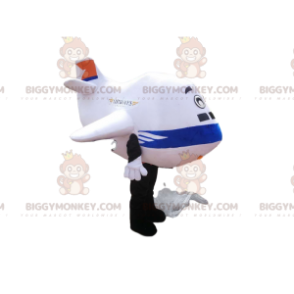 Vitt och blått flygplan BIGGYMONKEY™ maskotdräkt.