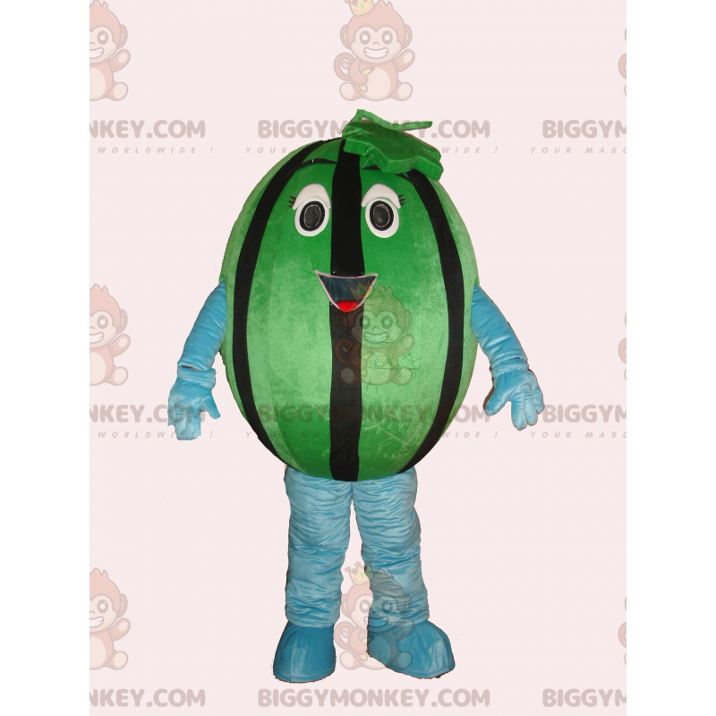 Fantasia de mascote BIGGYMONKEY™ de melancia gigante verde e Fantasia de mascote BIGGYMONKEY™ de melancia gigante verde e