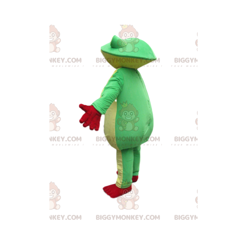 Traje de mascote BIGGYMONKEY™ de sapo verde e amarelo com Traje de mascote BIGGYMONKEY™ de sapo verde e amarelo com