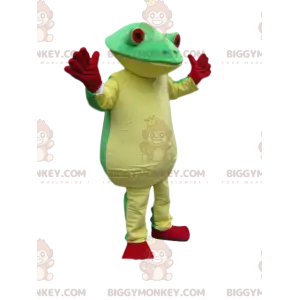 Kostým maskota BIGGYMONKEY™ zelené a žluté žáby s velkýma