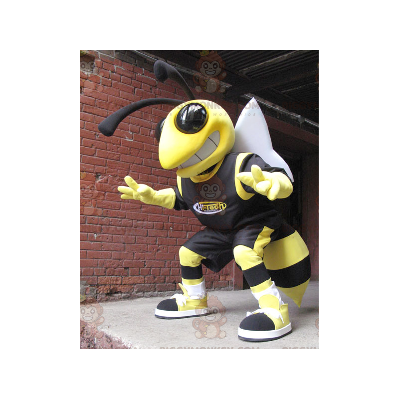 Costume de mascotte BIGGYMONKEY™ d'abeille de guêpe jaune et Costume de mascotte BIGGYMONKEY™ d'abeille de guêpe jaune et