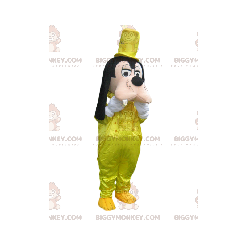 Hessu BIGGYMONKEY™ maskottiasu keltaisella satiinipuvulla - Hessu BIGGYMONKEY™ maskottiasu keltaisella satiinipuvulla -