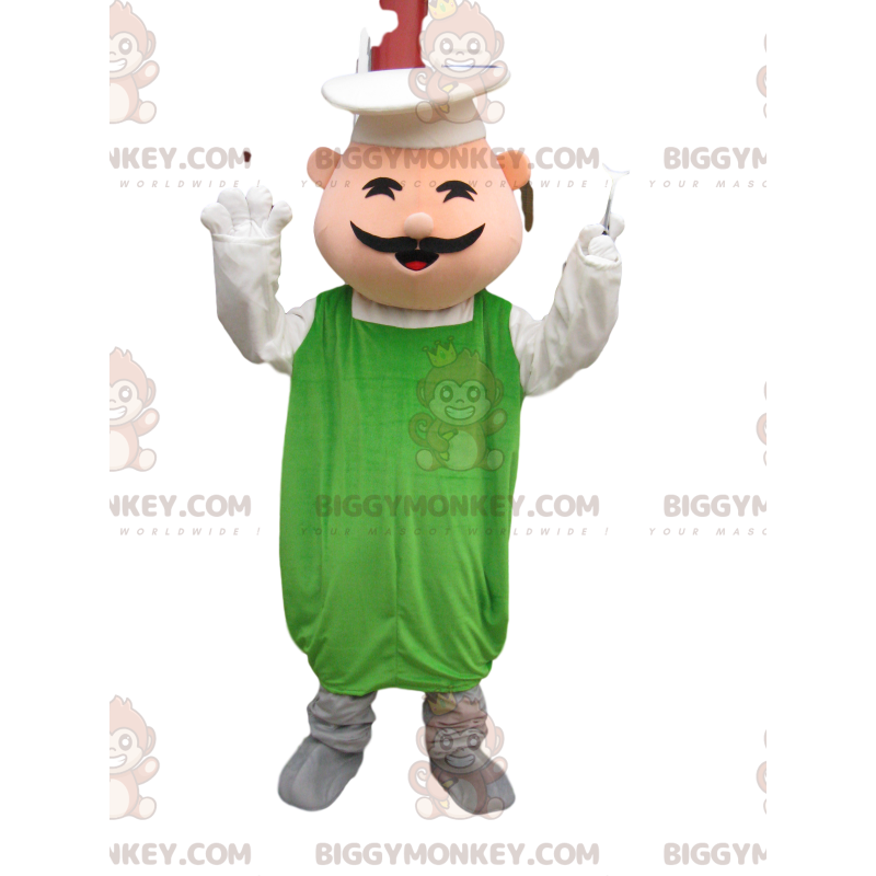 Costume de mascotte BIGGYMONKEY™ de Chef avec une toque et une Costume de mascotte BIGGYMONKEY™ de Chef avec une toque et une