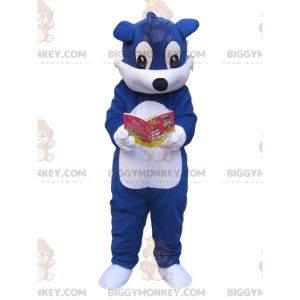 Blue and White Dog Reading Manga BIGGYMONKEY™ Mascot Costume -