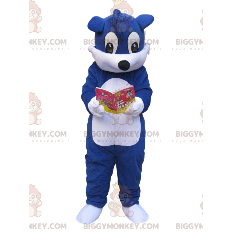 Blau-weißer Hund liest Manga BIGGYMONKEY™ Maskottchen-Kostüm - Blau-weißer Hund liest Manga BIGGYMONKEY™ Maskottchen-Kostüm -