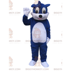 Kostým modrobílého psa BIGGYMONKEY™ maskota s legračním pufem –