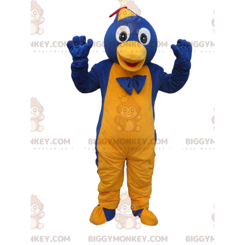 Costume de mascotte BIGGYMONKEY™ de pingouin bleu et jaune avec Costume de mascotte BIGGYMONKEY™ de pingouin bleu et jaune avec