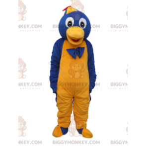 Μπλε και κίτρινη στολή μασκότ Penguin BIGGYMONKEY™ με καπέλο