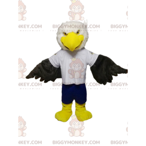 Hvid og sort Golden Eagle BIGGYMONKEY™ maskotkostume med blå
