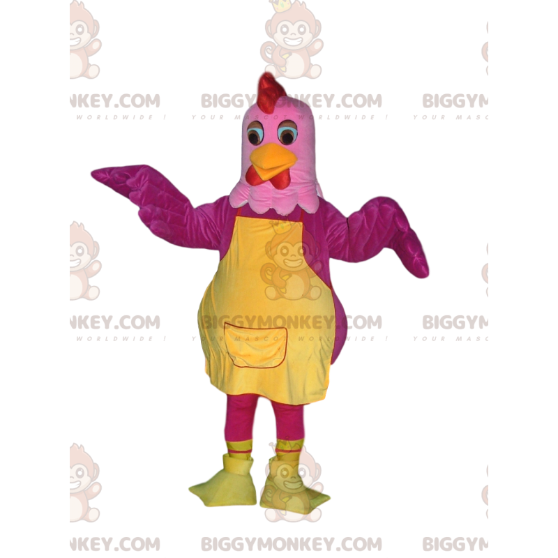 Traje de mascote de galinha rosa e fúcsia BIGGYMONKEY™ com avental amarelo - BiggyMonkey.com