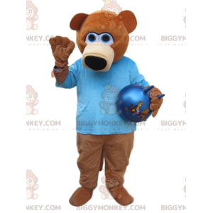 Kostým maskota medvěda hnědého BIGGYMONKEY™ s modrou košilí –