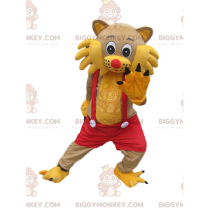 BIGGYMONKEY™ maskottiasu keltainen kissa punaisilla haalareilla