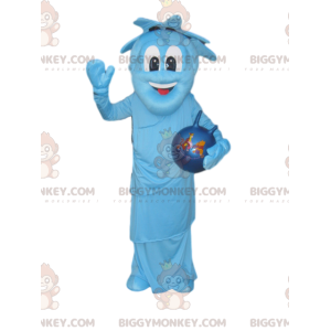 BIGGYMONKEY™ mascot costume of very smiling blue character with