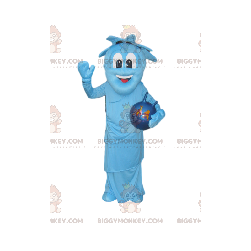 BIGGYMONKEY™ mascot costume of very smiling blue character with BIGGYMONKEY™ mascot costume of very smiling blue character with