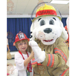 Weißer Hund BIGGYMONKEY™ Maskottchenkostüm als Feuerwehrmann