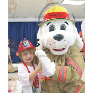 White Dog BIGGYMONKEY™ Mascot Costume Dressed As A Firefighter