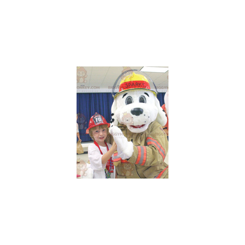 White Dog BIGGYMONKEY™ Mascot Costume Dressed As A Firefighter