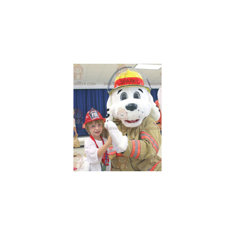 White Dog BIGGYMONKEY™ Mascot Costume Dressed As A Firefighter - Dog mascots - BIGGYMONKEY_01754 - BiggyMonkey.com