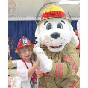 White Dog BIGGYMONKEY™ Mascot Costume Dressed As A Firefighter