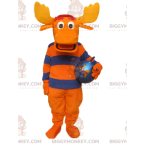 Disfraz de mascota de ciervo naranja y azul BIGGYMONKEY™ con cuernos grandes y globo - BiggyMonkey.com