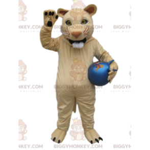 BIGGYMONKEY™ Mascot Costume Cream Lioness with Blue Balloon - Lion mascots - BIGGYMONKEY_014438 - BiggyMonkey.com
