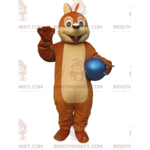 Στολή μασκότ BIGGYMONKEY™ Little Brown Squirrel με μπλε μπαλόνι - Μασκότ σκίουρων - BIGGYMONKEY_014439 - BiggyMonkey.com