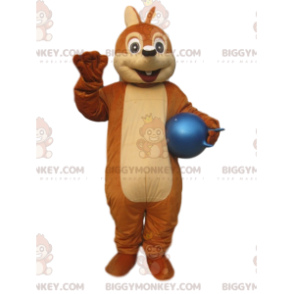 Στολή μασκότ BIGGYMONKEY™ Little Brown Squirrel με μπλε μπαλόνι - Μασκότ σκίουρων - BIGGYMONKEY_014439 - BiggyMonkey.com