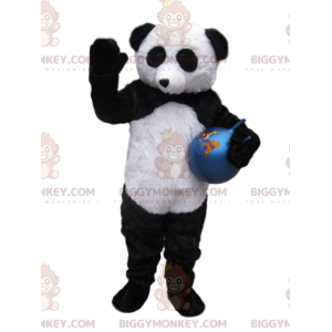 BIGGYMONKEY™ Μασκότ Κοστούμι ασπρόμαυρο Panda με μπλε μπαλόνι -