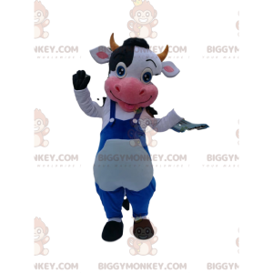 BIGGYMONKEY™ maskotkostume Sort og hvid ko med blå overalls -