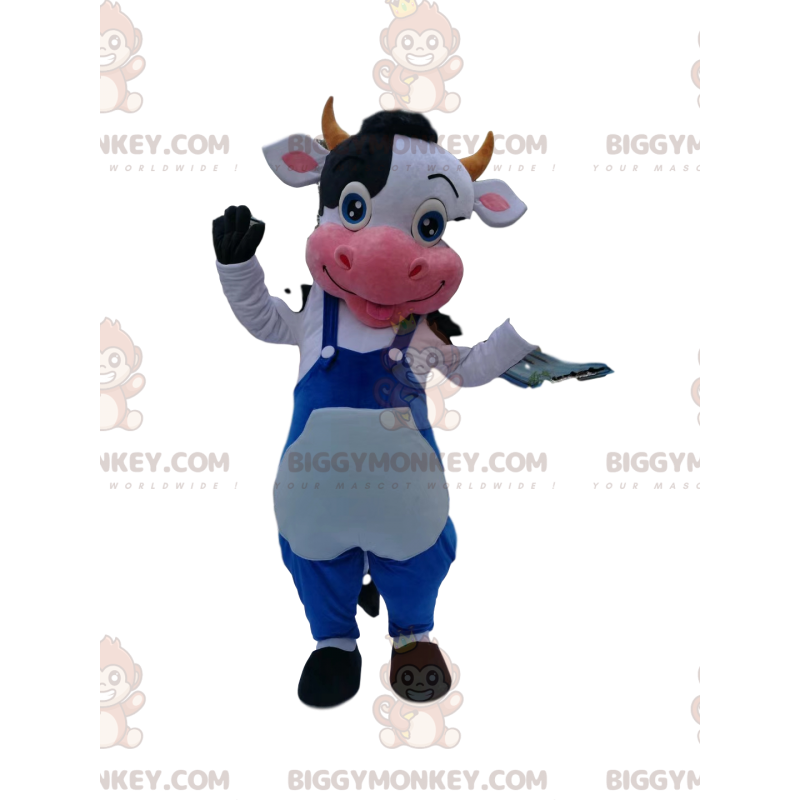 Disfraz de mascota BIGGYMONKEY™ Vaca blanca y negra con overol Disfraz de mascota BIGGYMONKEY™ Vaca blanca y negra con overol